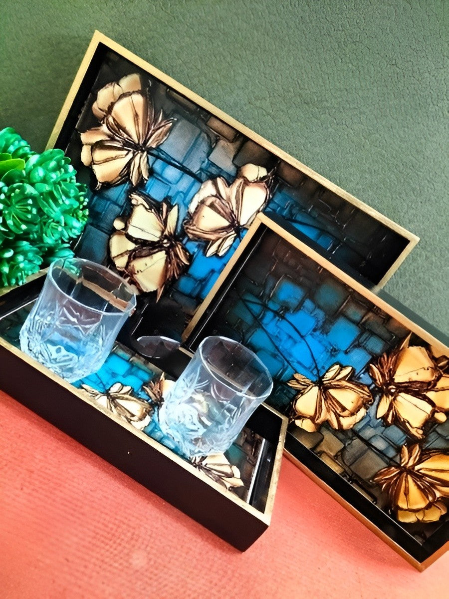 wooden with shiny epoxy print  , set of 3 trays for home/ office/ gift item